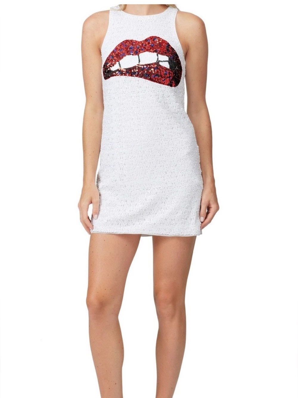 Aidan Mattox White Sequin Shift Mini Dress with Red Lip Applique/2/ NWT